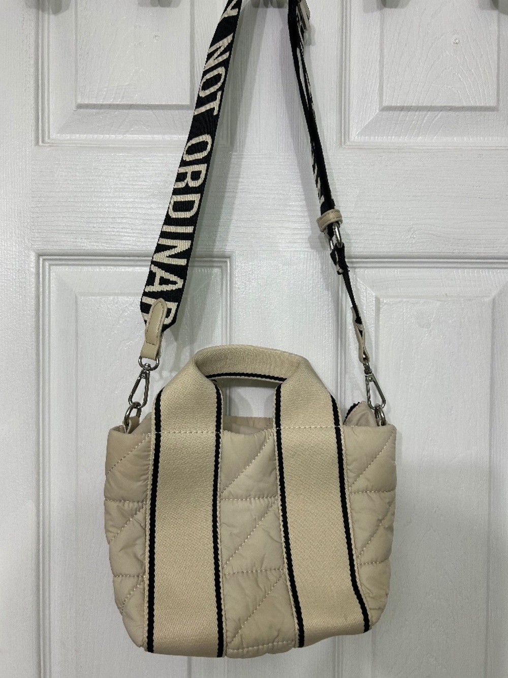 Zara Ivory Quilted Small Top Handle Satchel Sling Tote Bag Casual Preppy